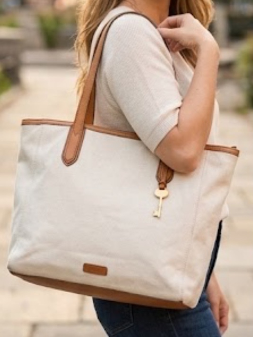 Fossil Reversible Patchwork Tote — Cream, Green, Blue, Orange, Black, Brown